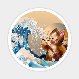 Cat in a kayak in the wave off Kanagawa Magnet